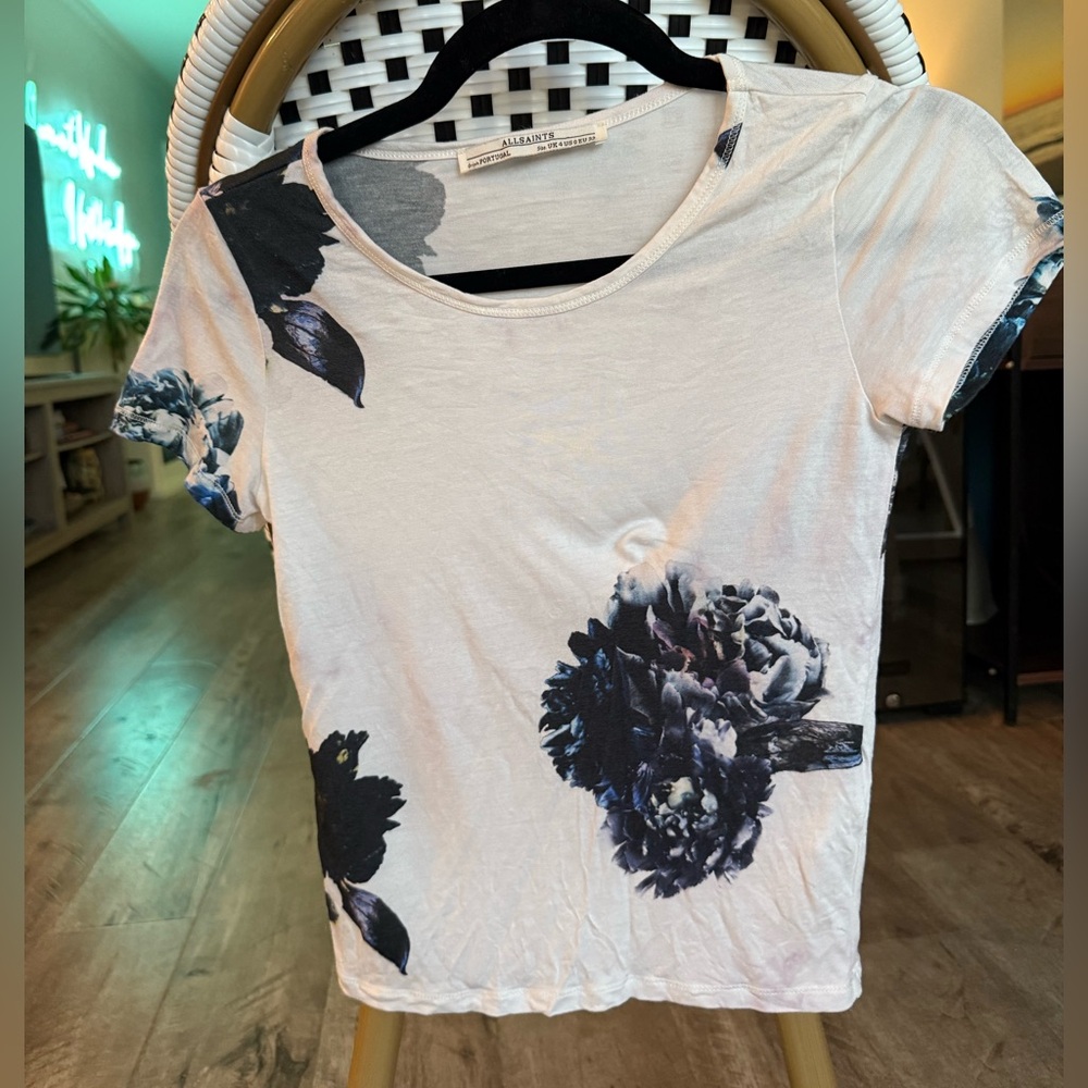 All Saints White and Blue Floral Women's Short Sleeve Crop Top Size UK 4 US 0